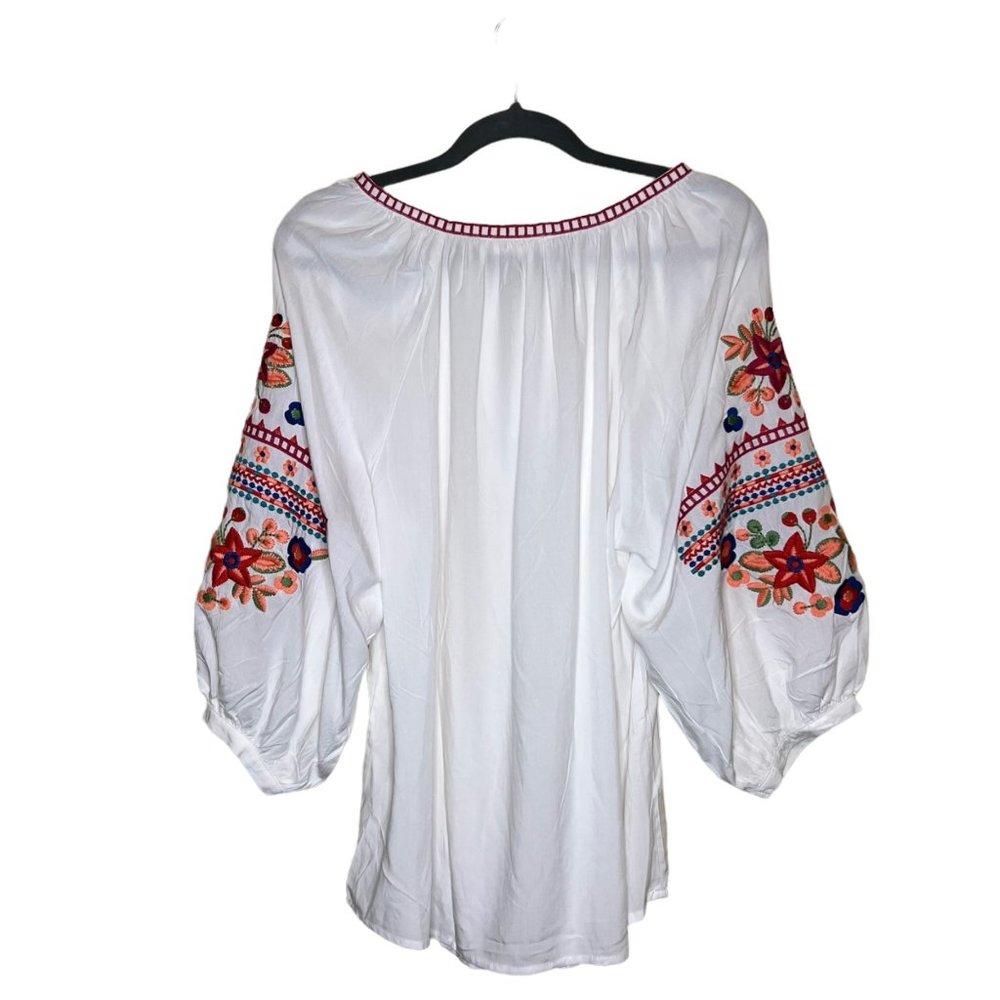Solitaire Boho Blouse Embroidered Floral 3/4 Balloon Sleeve Tassel Tie Size L